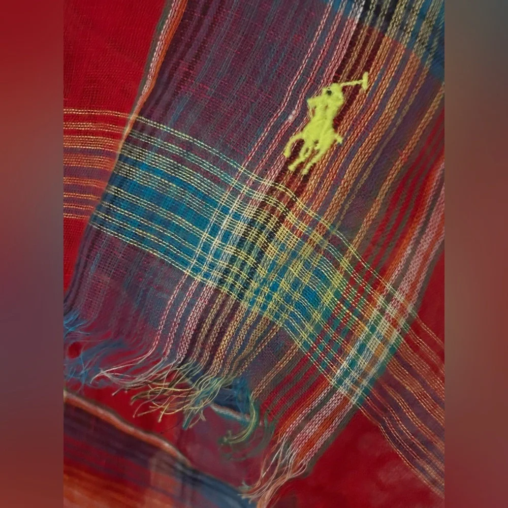 Polo Ralph Lauren Linen Plaid Red Aqua Colorful Linen Scarf Logo Embroidered